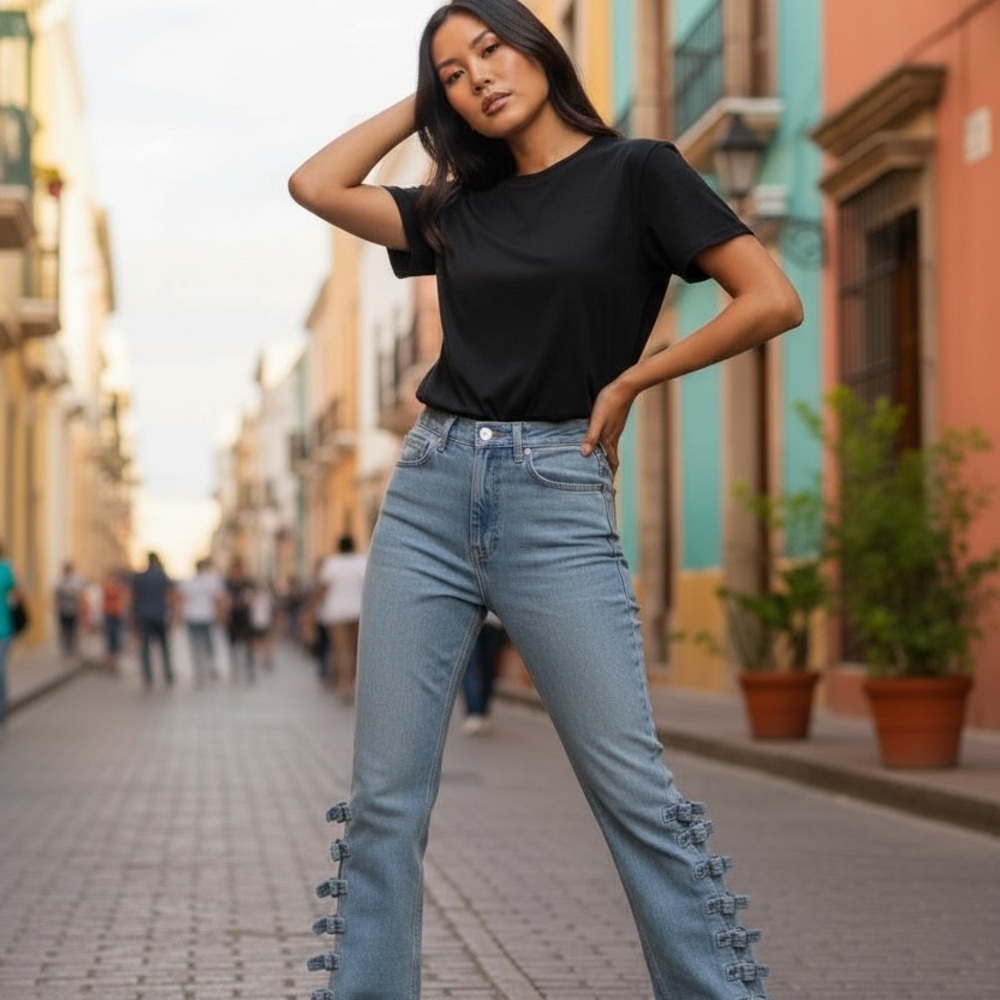 Unique Martine Rose Light Blue Flare Jeans with Buckle ankle Details